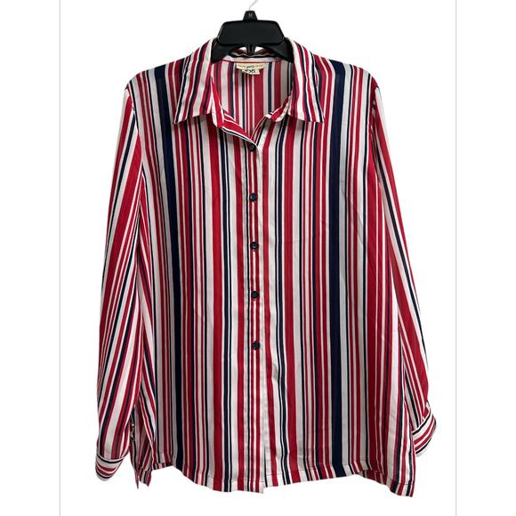 Travel Smith Red Navy White Striped Button Up Long Sleeve Blouse Women’s Medium - Picture 1 of 6